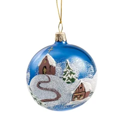 Käthe Wohlfahrt Baumkugeln Und Set-Angebote-Glaskugel Blau Kirche Im Winter, 7 Cm