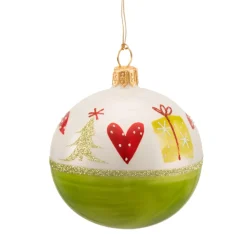 Käthe Wohlfahrt Baumkugeln Und Set-Angebote-Glaskugel Grun-Weis Mit Weihnachtlichem Dekor, 7 Cm