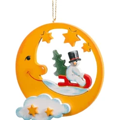 Käthes Original Baumschmuck Aus Holz-Mond Mit Schneemann Auf Schlitten